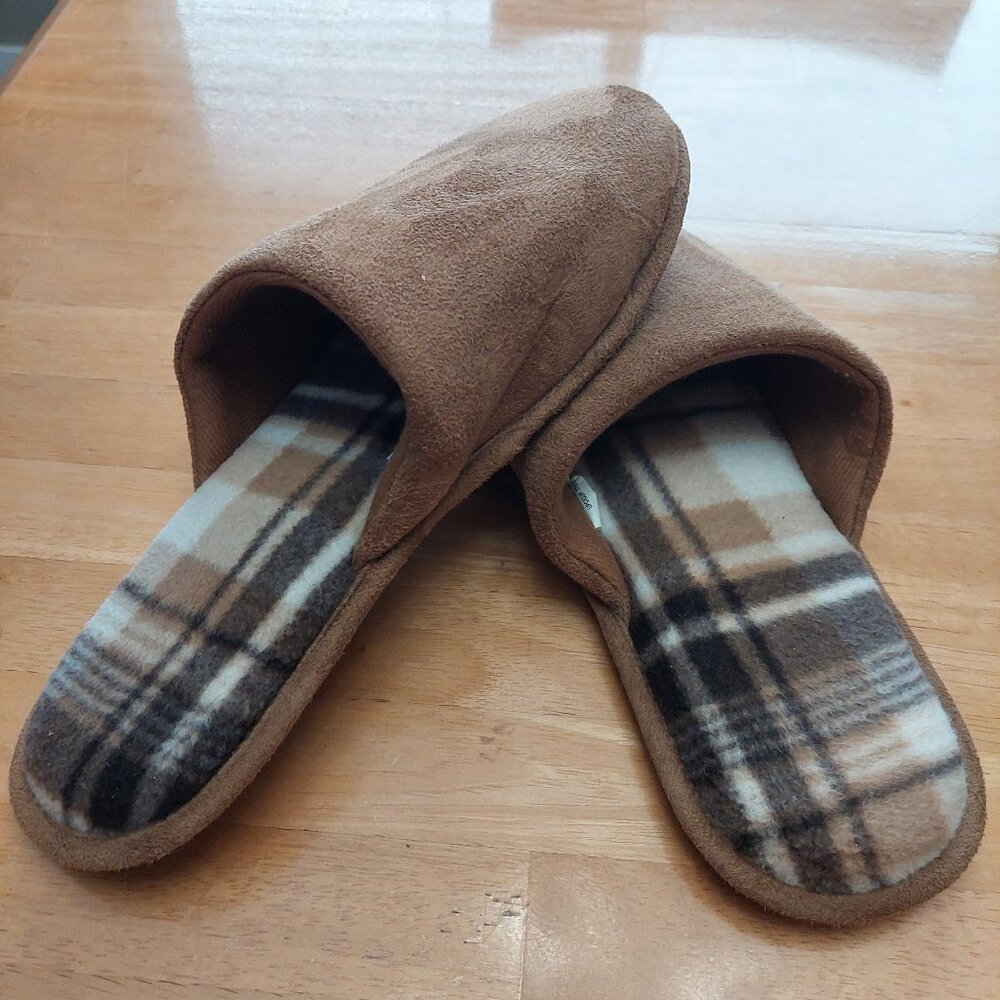 Men's Tan Slip-On Plush Loafers with Plaid Insole